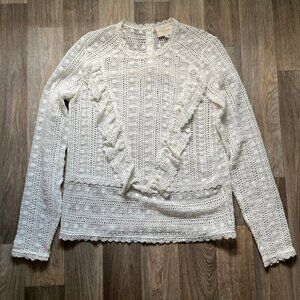 Sezane Madeline Crochet Lace Ruffle Blouse Ecru Size 34